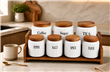 SET X7 FRASCOS CON TAPA Y BASE DE MADERA