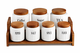SET X7 FRASCOS CON TAPA Y BASE DE MADERA