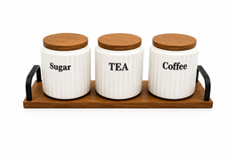 SET X3 FRASCOS CON TAPA Y BASE DE MADERA